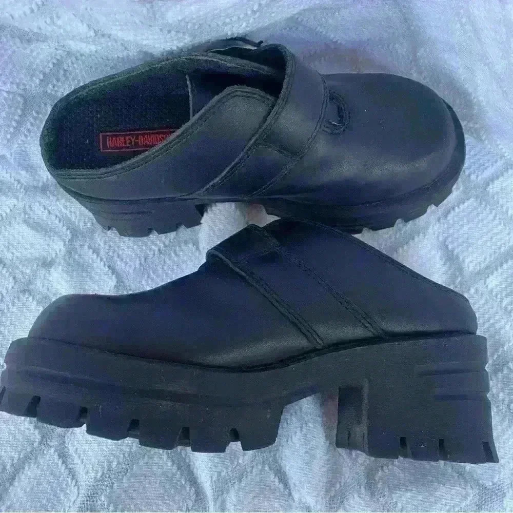 Vintage Harley Davidson Black Leather Chunky Buckle Slip On Platform Shoes 5.5 - Picture 2 of 10